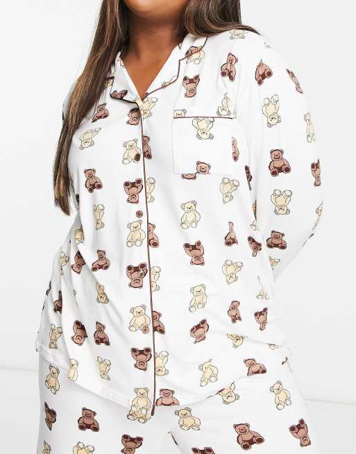 Loungeable Plus teddy bear long shirt and trousers pyjama set in