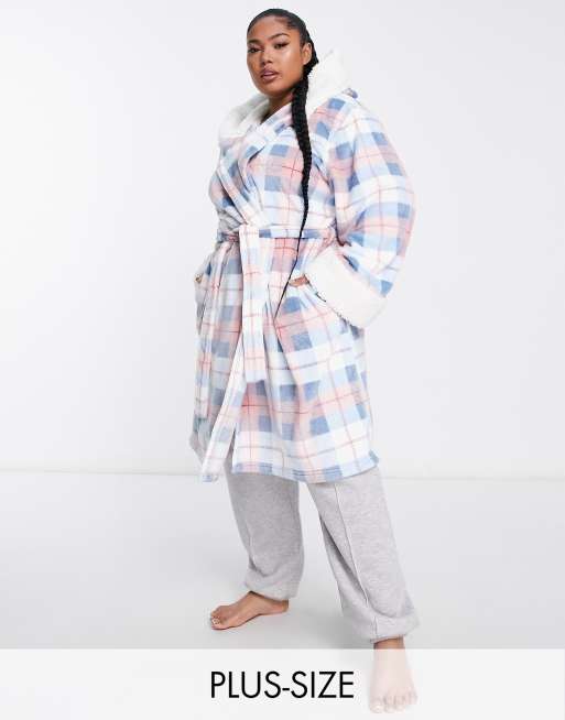 Loungeable Plus - Vestaglia con fodera in pile borg a quadri rosa e blu