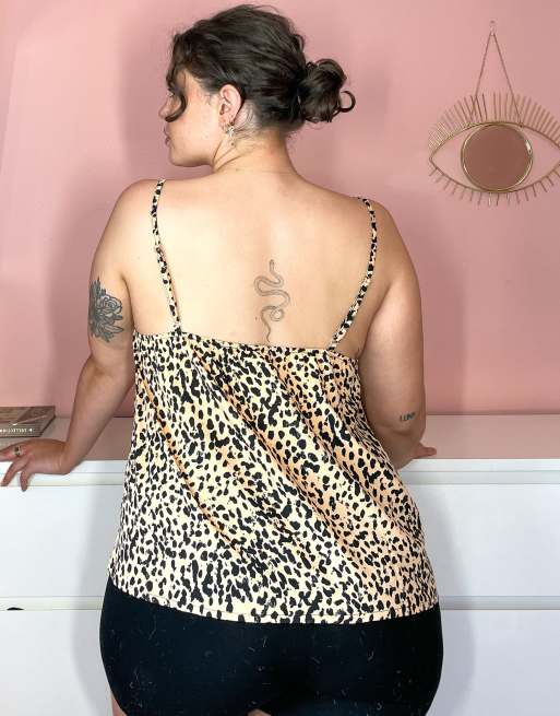 Loungeable Plus woven cami pajama top in peach and black spot ASOS