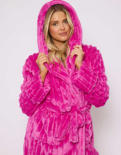 Pink Fluffy Dressing Gown With Hood Womens Hot Pink Hooded