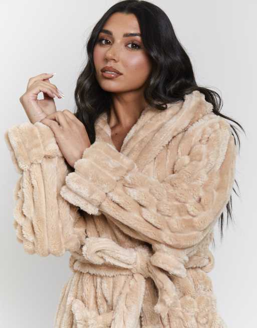 Loungeable Plush ridged fleece hooded dressing gown in beige | ASOS