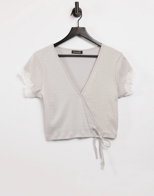 Loungeable pointelle lounge ballet wrap top with lace trim in grey