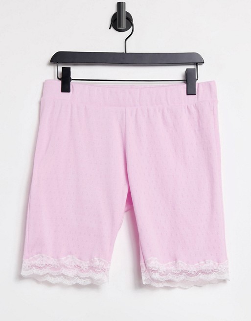 Loungeable pointelle lounge legging shorts with lace trim in pink lavender