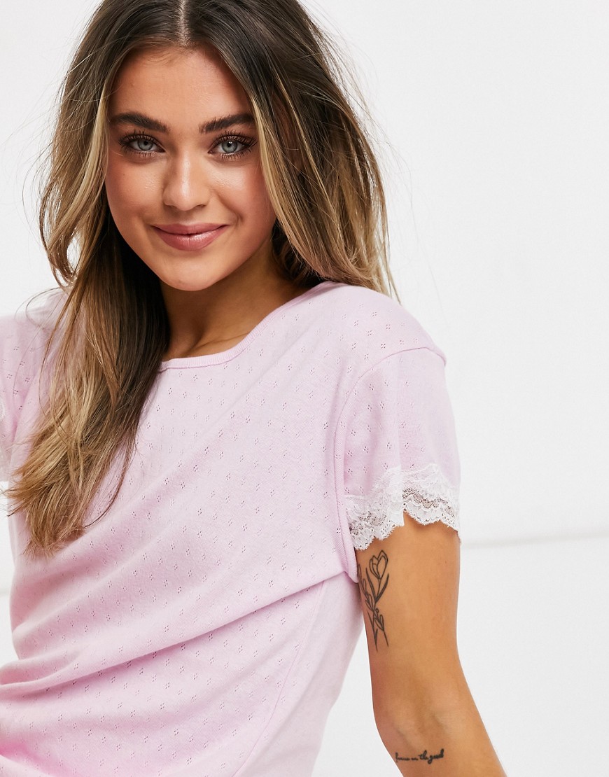 Loungeable pointelle lounge T-shirt with lace trim in pink lavender