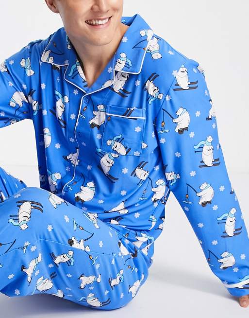 Loungeable polar bear print pajama set in blue