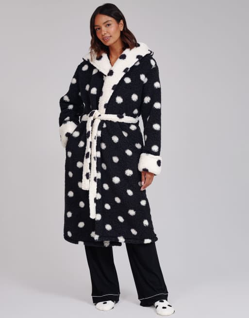 Loungeable Polka dot contrast cosy borg fleece midi hooded dressing gown in monochrome, 2 of 7