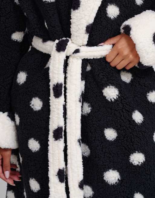 Loungeable Polka dot contrast cosy borg fleece midi hooded dressing gown in monochrome, 5 of 7