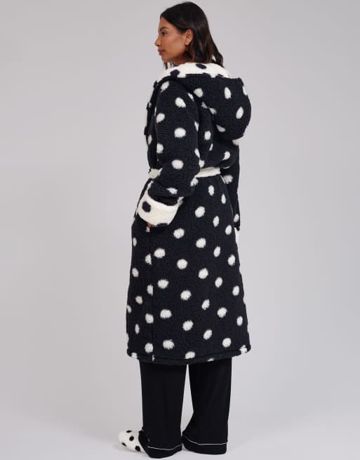 Loungeable Polka dot contrast cosy borg fleece midi hooded dressing gown in monochrome, 6 of 7