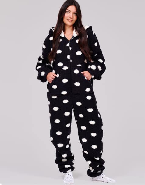 Loungeable Polka dot cosy borg fleece hooded all in one in black - view 1