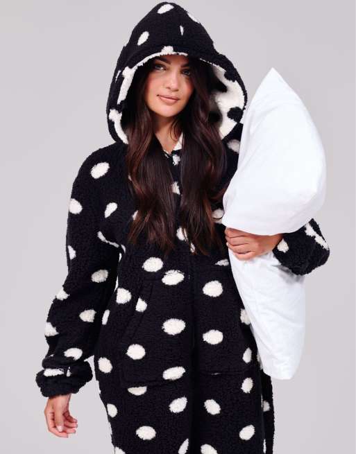 Loungeable Polka dot cosy borg fleece hooded all in one in black, 2 of 4