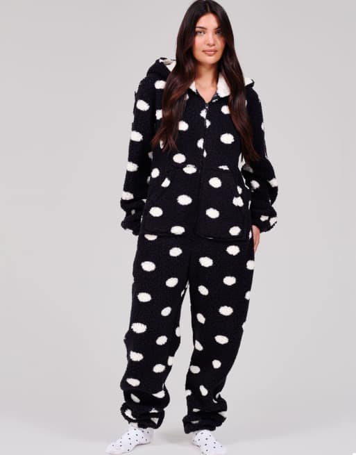 Loungeable Polka dot cosy borg fleece hooded all in one in black, 3 of 4