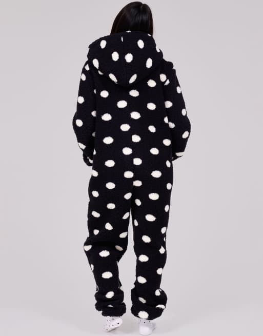 Loungeable Polka dot cosy borg fleece hooded all in one in black, 4 of 4