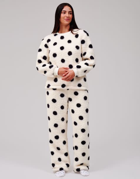 Loungeable Polka dot cosy borg fleece jumper and wide leg lounge set in cream - view 1