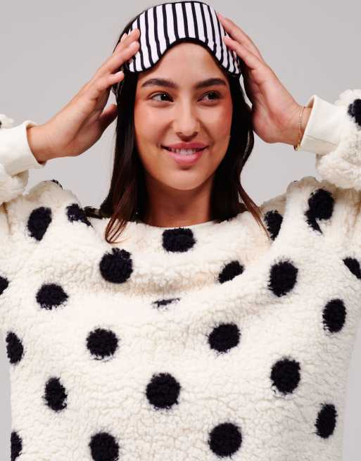 Loungeable Polka dot cosy borg fleece jumper and wide leg lounge set in cream, 2 of 7