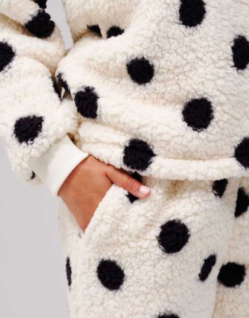 Loungeable Polka dot cosy borg fleece jumper and wide leg lounge set in cream, 3 of 7