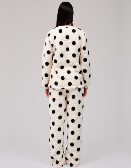Loungeable Polka dot cosy borg fleece jumper and wide leg lounge set in cream, 4 of 7
