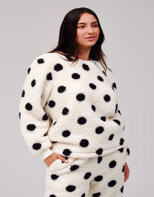 Loungeable Polka dot cosy borg fleece jumper and wide leg lounge set in cream, 5 of 7