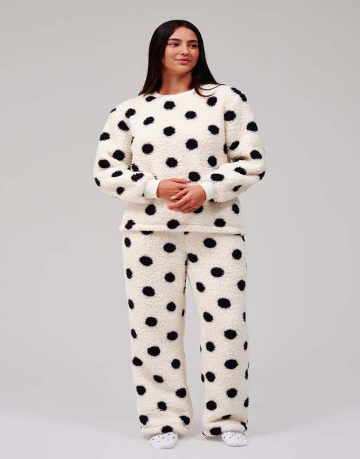 Loungeable Polka dot cosy borg fleece jumper and wide leg lounge set in cream, 6 of 7