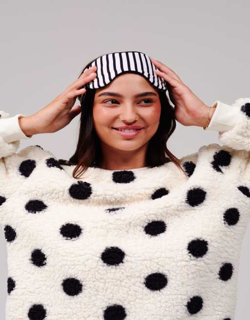 Loungeable Polka dot cosy borg fleece jumper and wide leg lounge set in cream, 7 of 7