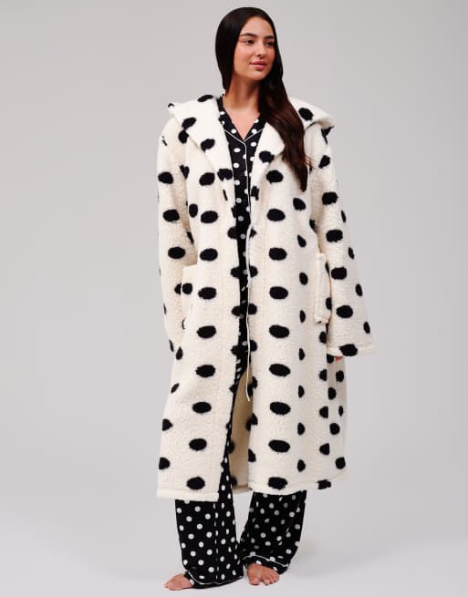 Loungeable Polka dot cosy borg fleece midi hooded dressing gown in cream, 2 of 7
