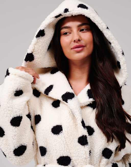 Loungeable Polka dot cosy borg fleece midi hooded dressing gown in cream, 3 of 7