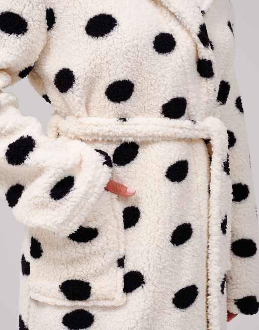 Loungeable Polka dot cosy borg fleece midi hooded dressing gown in cream, 5 of 7