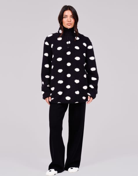 Loungeable Polka dot cosy borg fleece quarter zip lounge jumper in black - view 1