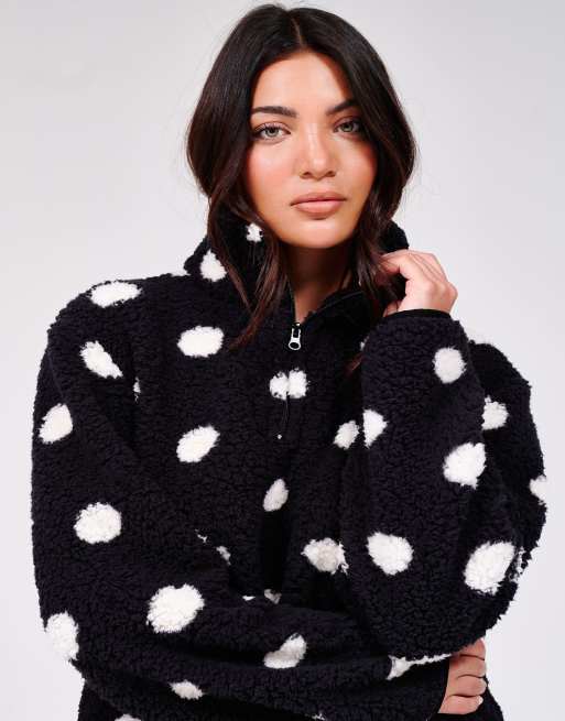 Loungeable Polka dot cosy borg fleece quarter zip lounge jumper in black, 2 of 7