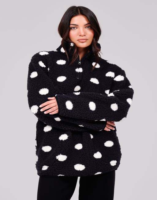 Loungeable Polka dot cosy borg fleece quarter zip lounge jumper in black, 5 of 7