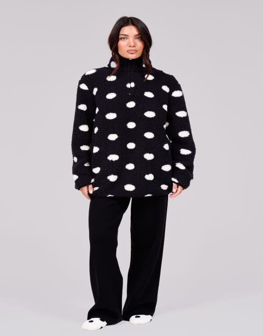Loungeable Polka dot cosy borg fleece quarter zip lounge jumper in black, 6 of 7
