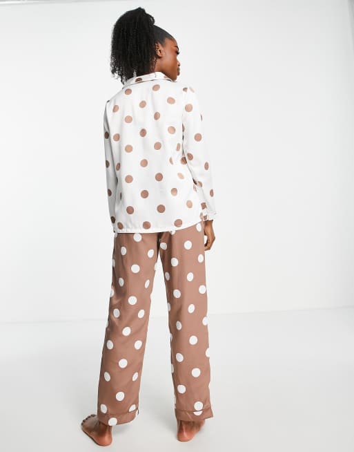 Loungeable polka dot printed revere top and pants pyjama set in taupe and cream, 2 of 4
