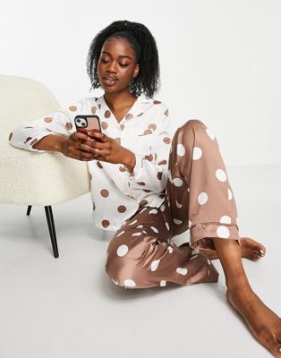 Loungeable polka dot printed revere top and trouser pyjama set in taupe and cream