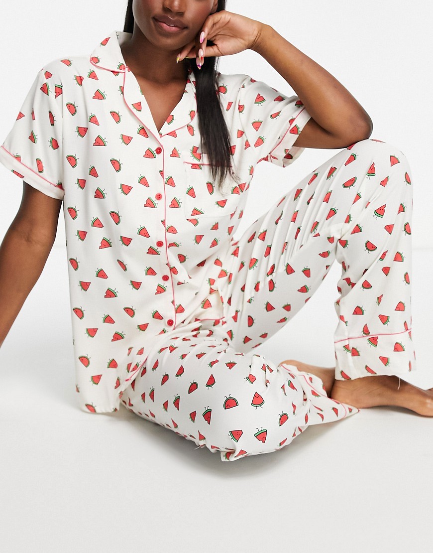 Loungeable polycrepe pajama shirt in watermelon print-Multi