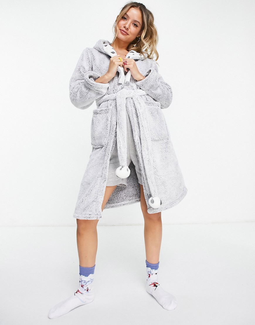 Loungeable pom pom robe in gray frosted spot
