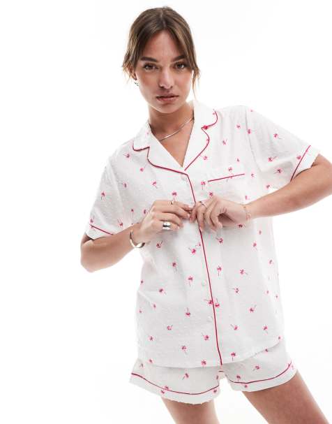 Loungeable Printed dobby short sleeve traditional shirt and short in white - view 1