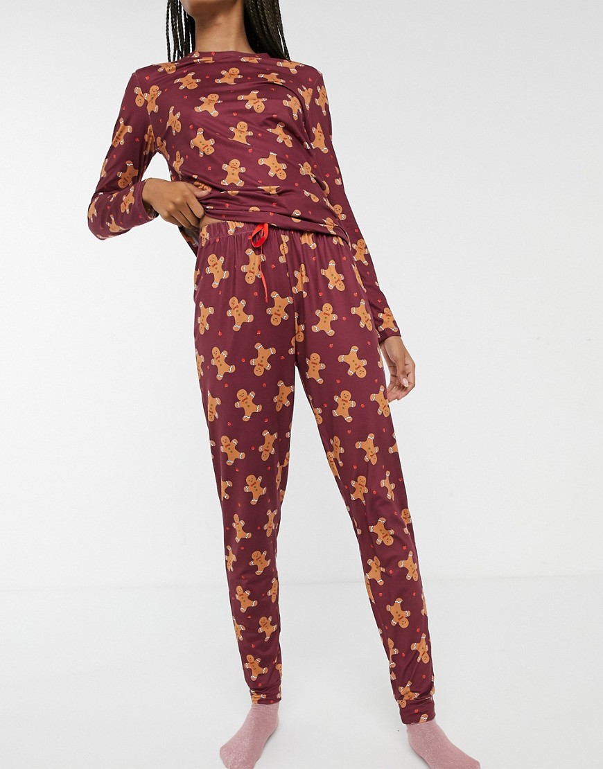 Loungeable Printed Ginger Bread Man Long Pajama Set In Black