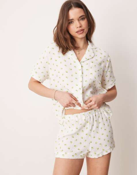 Loungeable printed lemon crinkle cotton short sleeve shirt & shorts pyjama set in ivory - view 1
