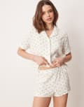 [Loungeable] Loungeable printed lemon crinkle cotton short sleeve shirt & shorts pyjama set in ivory-White 12 IVORY