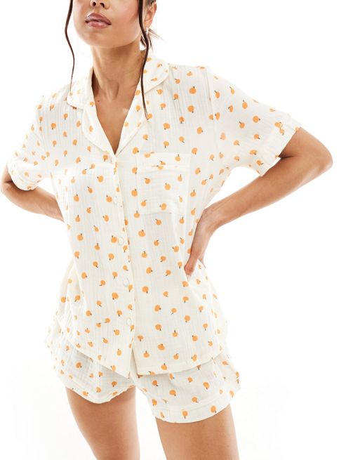  Loungeable printed orange crinkle cotton short sleeve shirt & shorts pyjama set in ivory