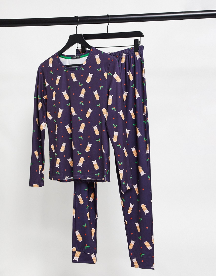 Loungeable printed pigs in blankets long pajama set in navy