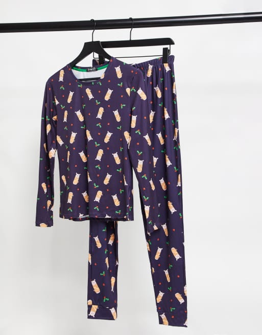 Loungeable printed pigs in blankets long pajama set in navy