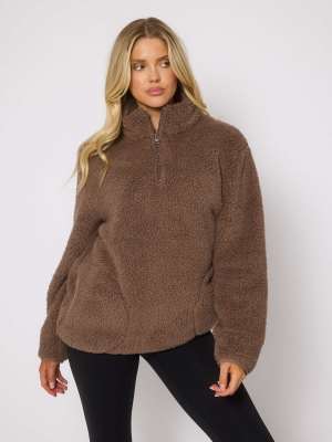 Loungeable - Pullover aus Teddyfell in Mokkabraun mit kurzem Reißverschluss und Taschen-Brown