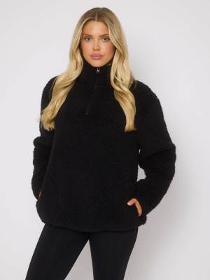 Loungeable - Pullover aus Teddyfell in Schwarz mit kurzem Reißverschluss und Taschen