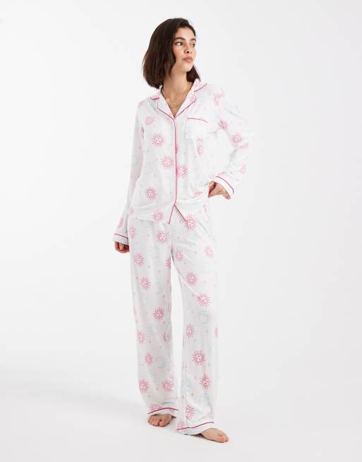 Loungeable - Pyjama avec top à col à revers et pantalon large en jersey ultra doux - Multicolore céleste
