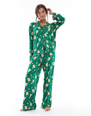 Loungeable - Pyjama bestehend aus geknöpftem Hemd und langer Hose, mit mehrfarbigem Lebkuchenmann-Muster-Bunt