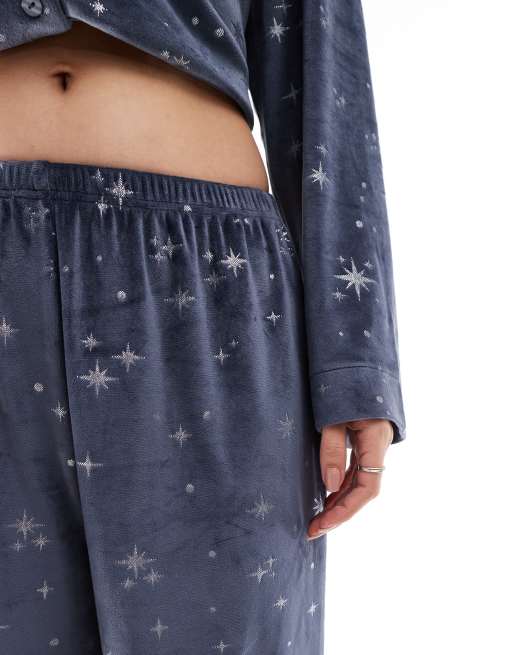 Loungeable - Pyjama boutonné en velours doux avec imprimé étoiles métallisé - Bleu marine, 4 de 4