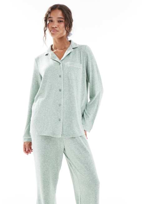 Loungeable - Pyjama classique en maille côtelée brossée - Vert chiné , 3 de 4
