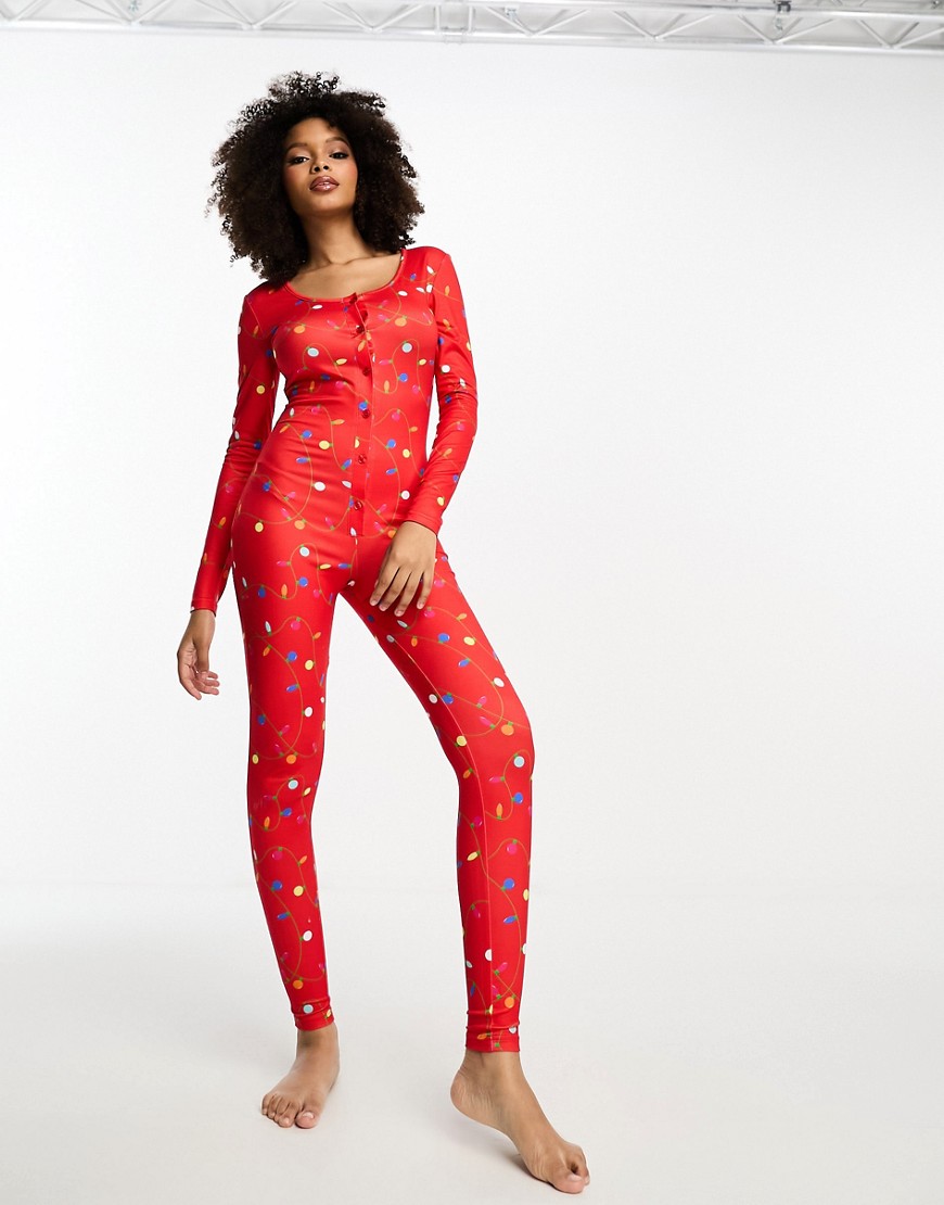 Loungeable pyjama jumpsuit with fairy light print-Red