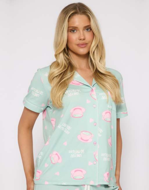 Loungeable - Pyjama met korte mouwen en 'I love you so matcha' print in groen , 3 van 4