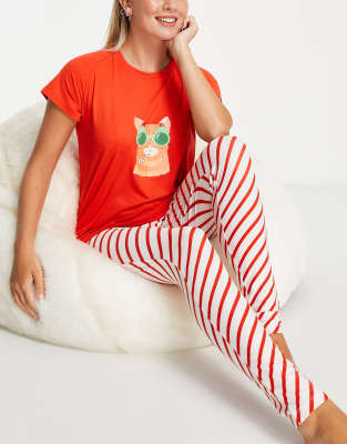 Loungeable - Pyjama mit „Candy Cat"-Weihnachtsdesign und rot-weißem Streifenmuster